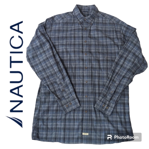 Nautica Other - Nautica NS-83 Heather Poplin Button Front & Collar LS Gray Black Plaid Shirt. LT